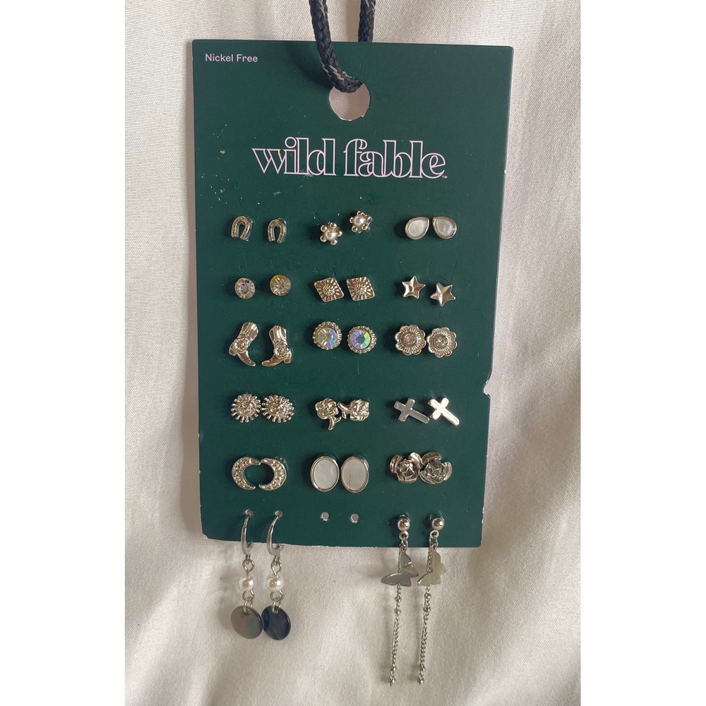 Wild Fable 17 Pair Earring Set Silver Tone Cowboy Boot Star Butterfly Faux Pearl